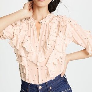 Rebecca Taylor Glitter Gem Silk Top Ruffled Cream Blouse SILK  M $425